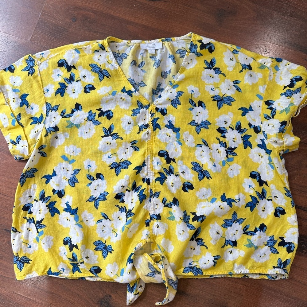 Charter Club Women's 100% Linen floral Printed Tie-Front Top XXL yellow blue